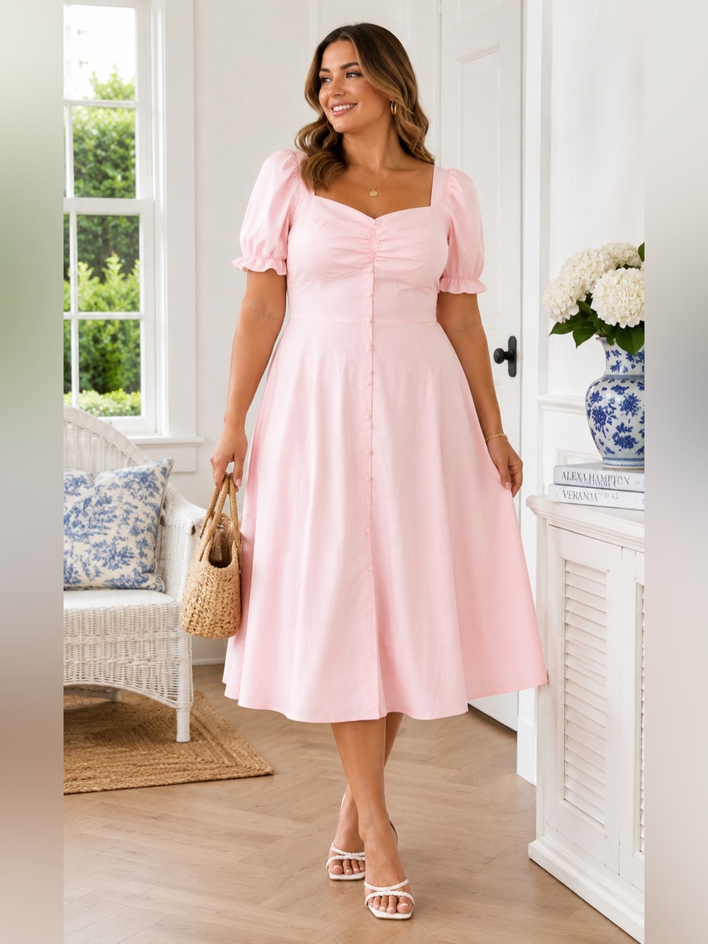 BELLE POQUE NWT Pink Puff Sleeve Midi Dress